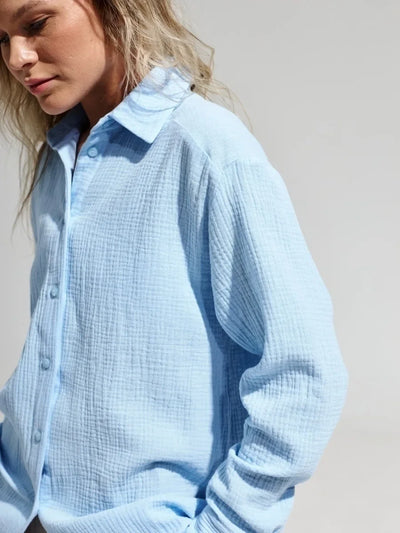 Wolfeel  Women's Spring Summer 100% Cotton Shirts Office Lady  Fashionable Solid Lady Long Sleeve Loose Tops Crepe Shirts