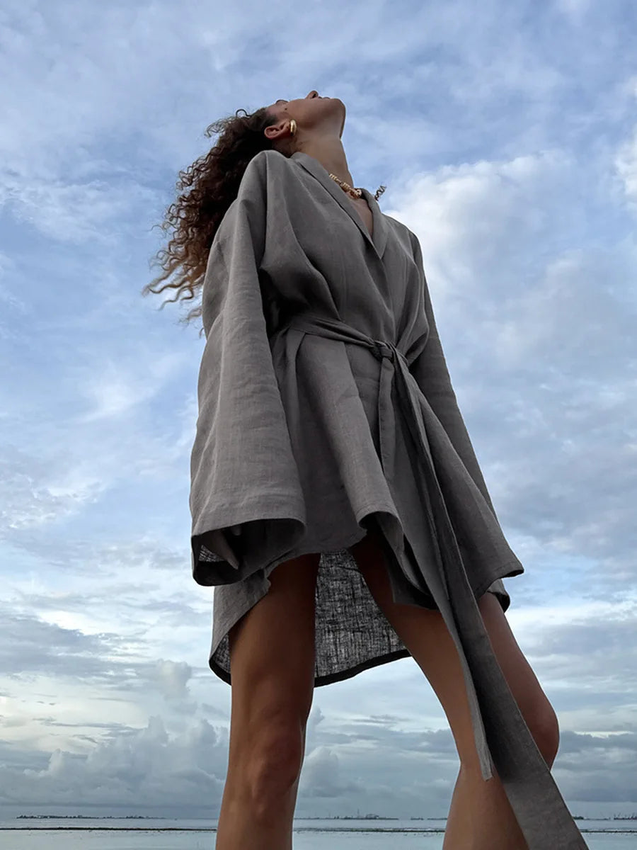Wolfeel 2025 Autumn Summer New Cotton Linen Robe Dress Women's Fashion Lace Long Sleeve Dress Casual And Comfortable Beach Dress