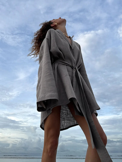 Wolfeel 2025 Autumn Summer New Cotton Linen Robe Dress Women's Fashion Lace Long Sleeve Dress Casual And Comfortable Beach Dress