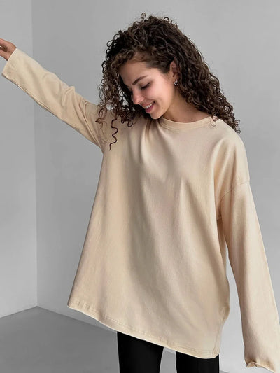 Wolfeel Women Summer 100% Cotton T-shirt Bottoming Spring Basic Fashionable Solid Lady Long Sleeve Loose Tops Shirts