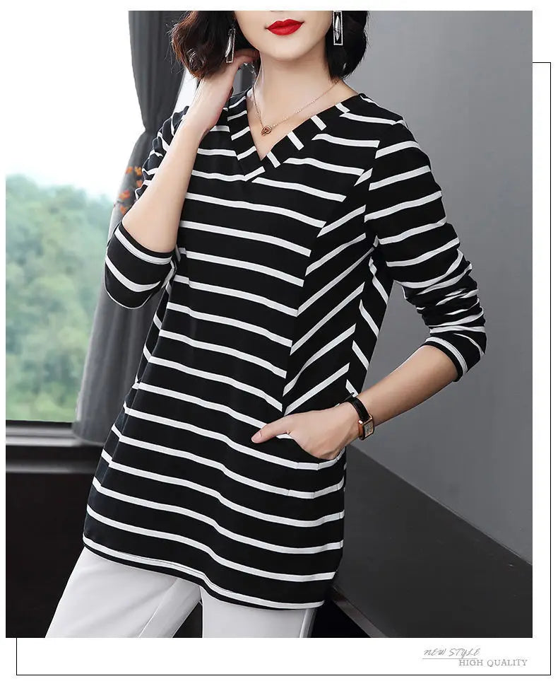 Women's V-Neck Casual All-match Midi Striped Tops Fashion Elegant Long Sleeve Pullovers T-shirt Female Clothing Spring Autumn