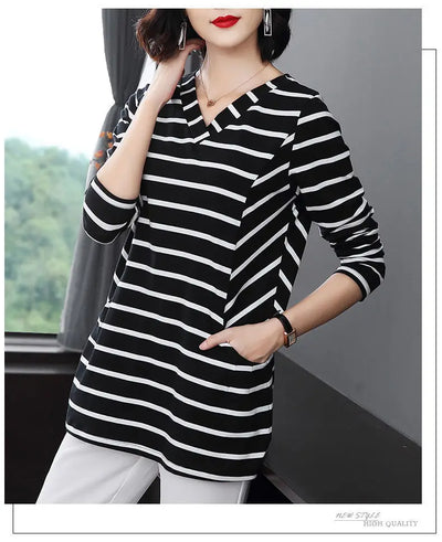 Women's V-Neck Casual All-match Midi Striped Tops Fashion Elegant Long Sleeve Pullovers T-shirt Female Clothing Spring Autumn