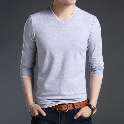 2025 New Fashion Brand T Shirts Men V Neck Street Wear Tops Trending Mercerized Cotton Korean Long Sleeve Tee Men Clothing