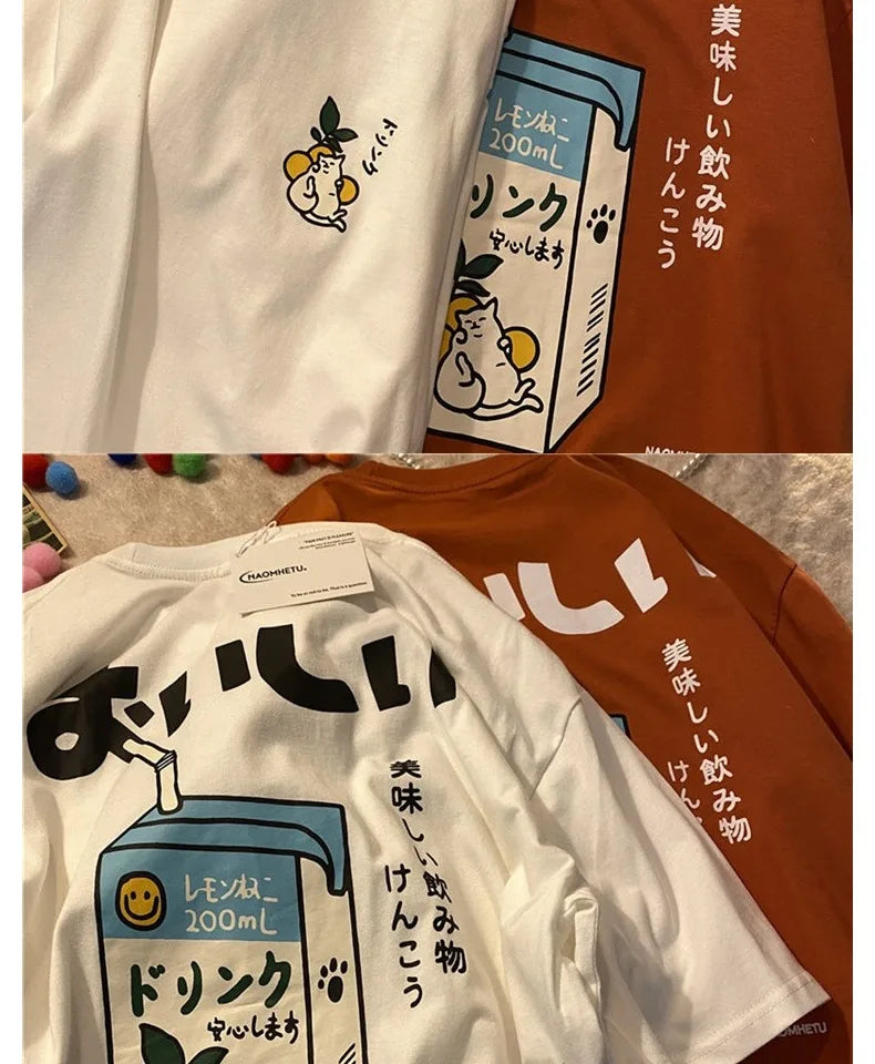 Cotton Loose Retro Short-sleeved T-shirt Women's 2024 Summer New Korean Version Cartoon Print Top