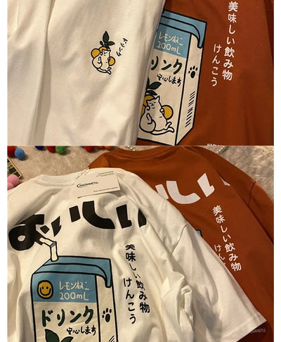 Cotton Loose Retro Short-sleeved T-shirt Women's 2024 Summer New Korean Version Cartoon Print Top