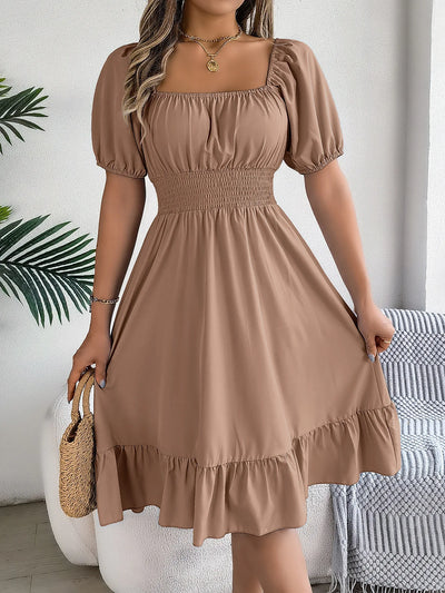 Women's MIidi Dresses 2024 Summer Casual Square Neck Short Sleeved Waist Ruffle Edge Dress Dress Women Elegant Платья Женские
