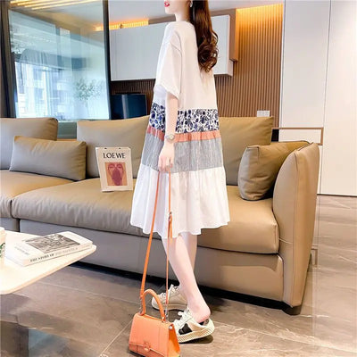 Casual Short Sleeve Letter Dresses Female Clothing Summer Loose A-Line Fashion Printed Patchwork Korean Round Neck Midi Dress