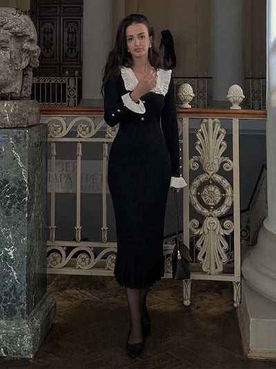 Elegant Ruffled Women Dress Long  Pit Stripe Knit Dresses For Winter Autumn Retro Lapel Pearl Button Fall Fashion Vestidos Robes
