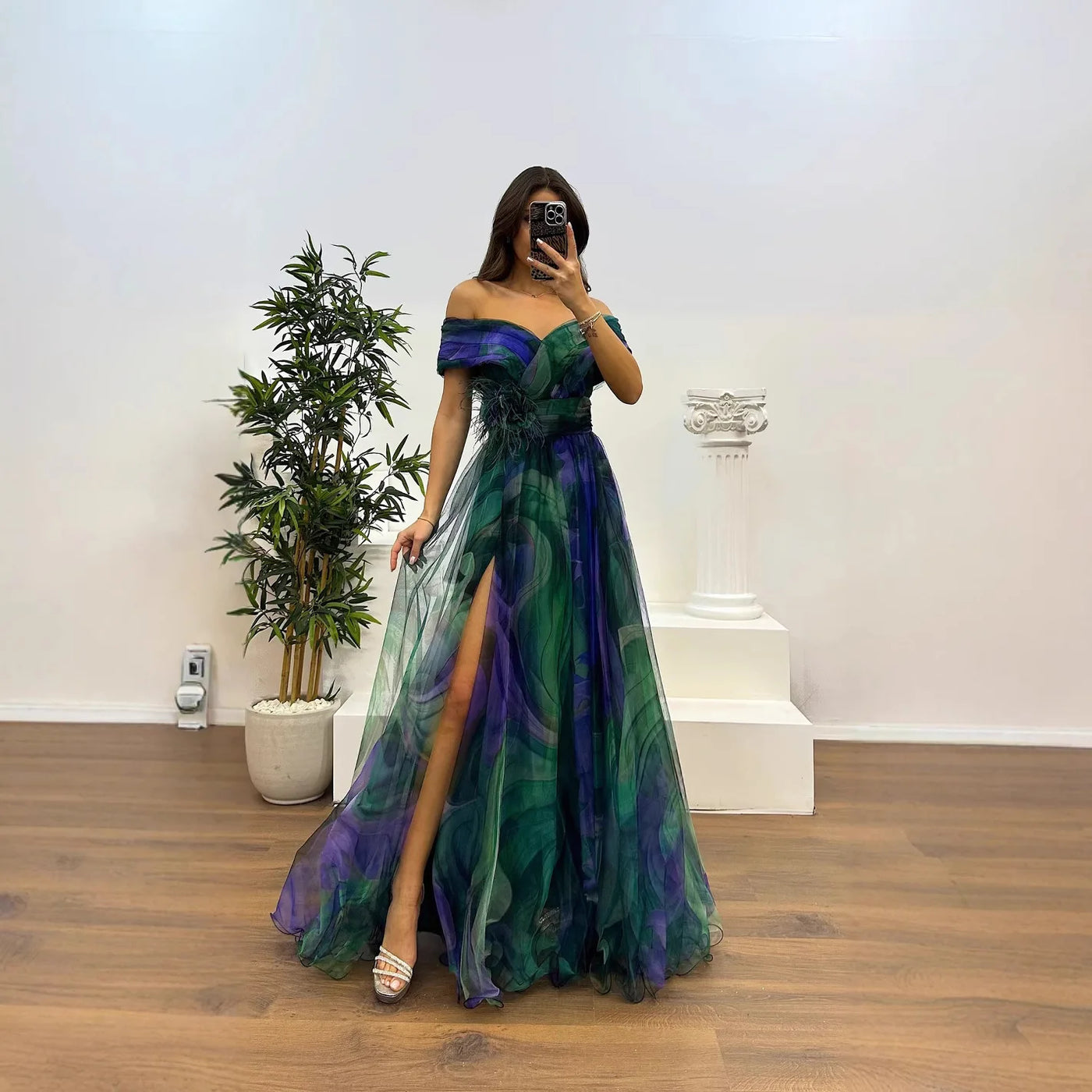 Elegant Formal Party Dress Elegant  Tie-dye Ball Gown with Mesh Bubble Sleeves Split Hem Women's Evening Dress