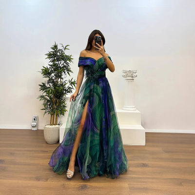 Elegant Formal Party Dress Elegant  Tie-dye Ball Gown with Mesh Bubble Sleeves Split Hem Women's Evening Dress