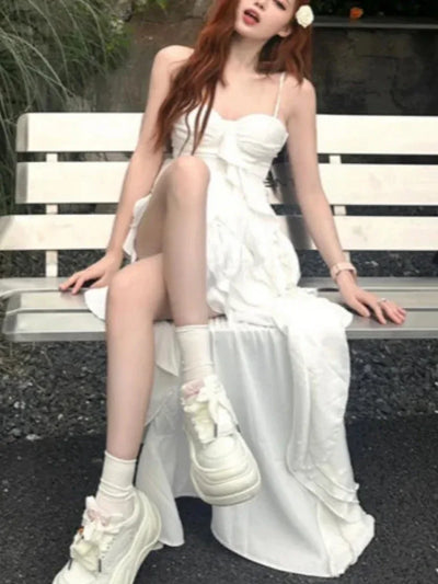 Elegant Sleeveless Ruffle High Low Dress Women Retro White Gothic Vintage  Midi Dress Evening Party French Fashion Summer New