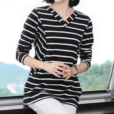 Women's V-Neck Casual All-match Midi Striped Tops Fashion Elegant Long Sleeve Pullovers T-shirt Female Clothing Spring Autumn