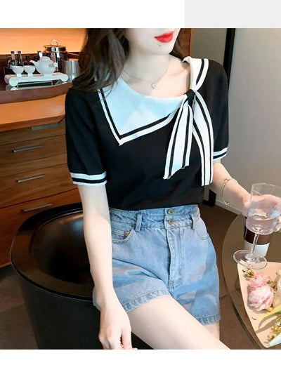 Casual Short Sleeve T-shirt for Women Loose Contrast Sweet All-match Solid Ice Silk Tops Tees Summer New Fashion Korean Clothing