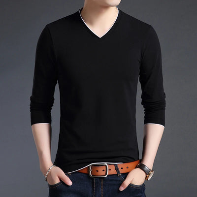 2025 New Fashion Brand T Shirts Men V Neck Street Wear Tops Trending Mercerized Cotton Korean Long Sleeve Tee Men Clothing