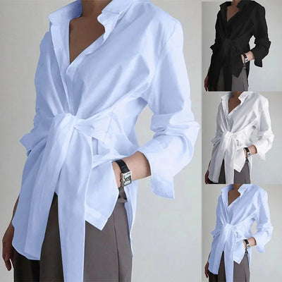 Blouses Women Tops Shirts Turn Down Collar Spring Y2k Streetwear Slim Fit Casual Lace Up Work High Waist Shirt Top Elegant White