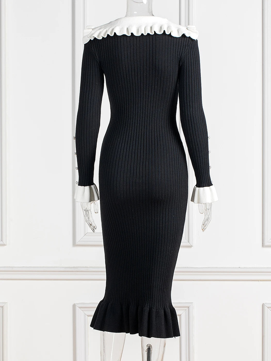Elegant Ruffled Women Dress Long  Pit Stripe Knit Dresses For Winter Autumn Retro Lapel Pearl Button Fall Fashion Vestidos Robes