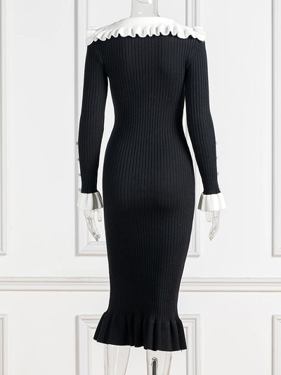 Elegant Ruffled Women Dress Long  Pit Stripe Knit Dresses For Winter Autumn Retro Lapel Pearl Button Fall Fashion Vestidos Robes