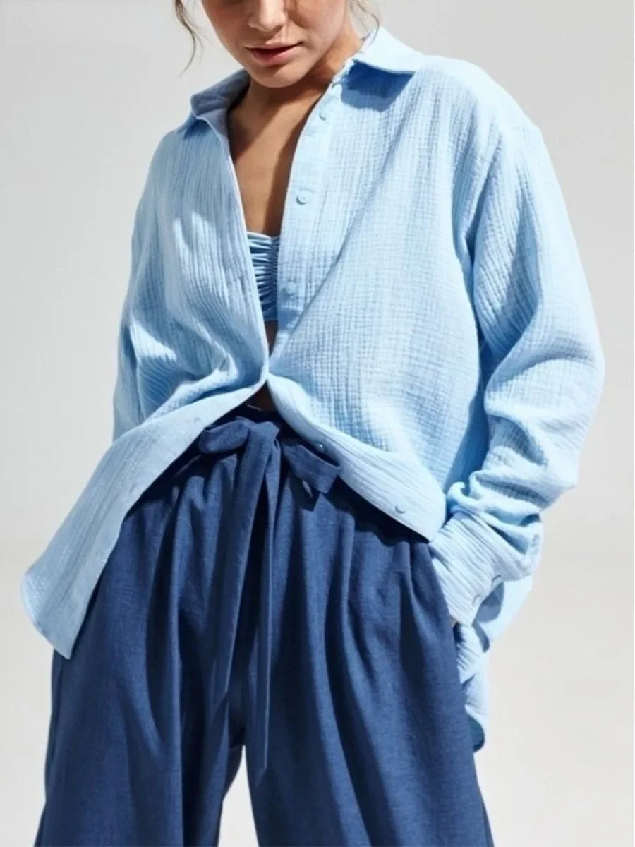 Wolfeel  Women's Spring Summer 100% Cotton Shirts Office Lady  Fashionable Solid Lady Long Sleeve Loose Tops Crepe Shirts