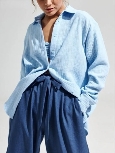 Wolfeel  Women's Spring Summer 100% Cotton Shirts Office Lady  Fashionable Solid Lady Long Sleeve Loose Tops Crepe Shirts