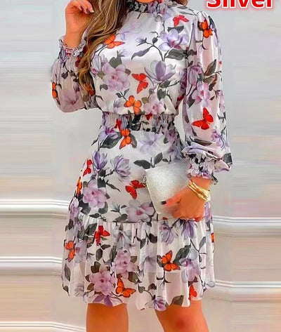 Midi Dress Women Long Sleeve Floral Print Party Elegant Evening High Waist Summer Dresses Mom Loose Maxi Work Vestidos S-3XL