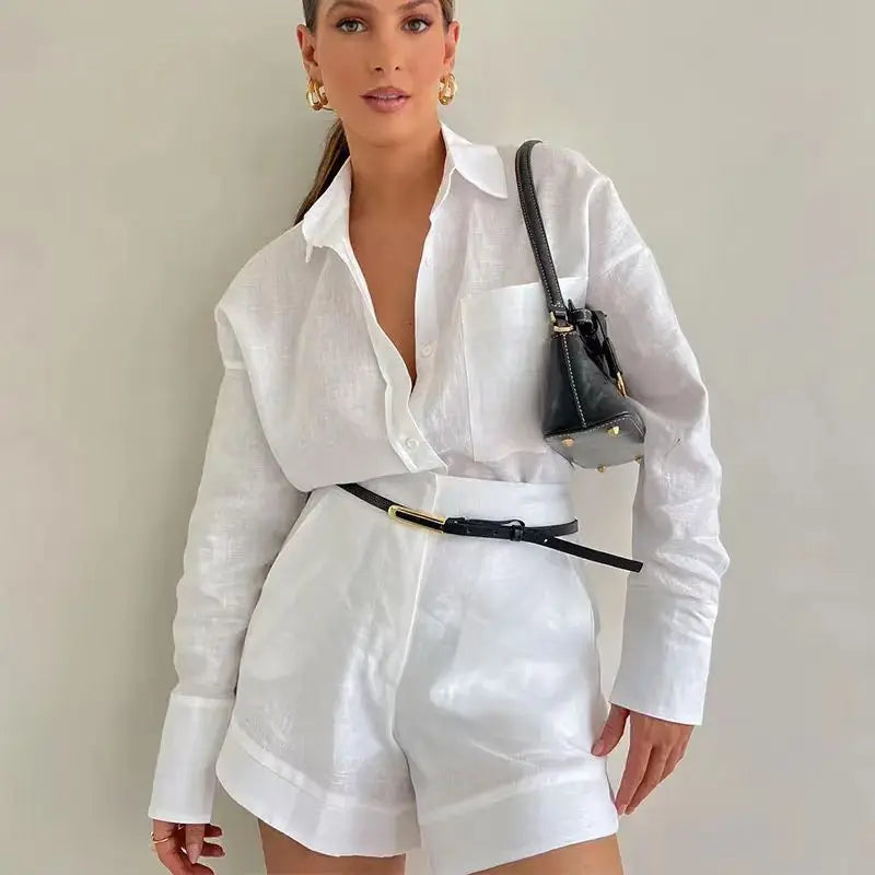 2024 Casual Beach Suits Fashion Summer Cotton Linen Loose Ruffle Shorts Suits Women Long Sleeve Drawstring Pullover 2 Pieces Set