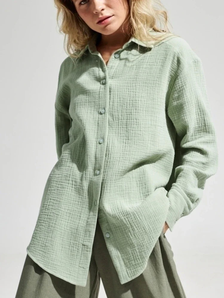 Wolfeel  Women's Spring Summer 100% Cotton Shirts Office Lady  Fashionable Solid Lady Long Sleeve Loose Tops Crepe Shirts