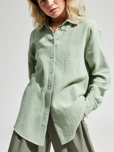 Wolfeel  Women's Spring Summer 100% Cotton Shirts Office Lady  Fashionable Solid Lady Long Sleeve Loose Tops Crepe Shirts