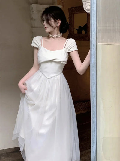 Midi Dress Women Pure Princess Summer Aesthetic Defined Elegant Ladies Gentle Spliced Chic Mesh Partywear French Style Vestidos