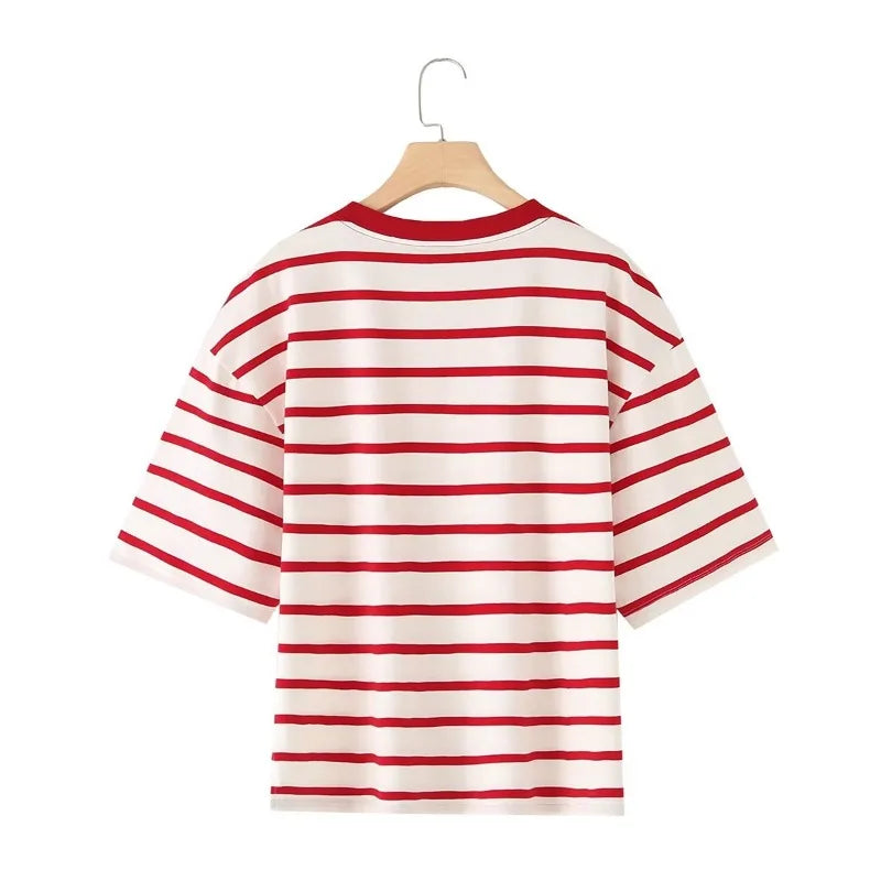 Striped Women's Fashion T-shirts O-neck Short Sleeve Tee Tshirts Blouse Top Cotton Tops for Summer 2024 Harajuku Tshirt
