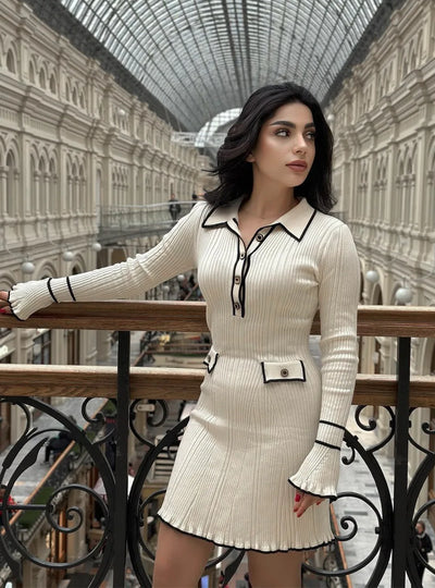 Elegant Ruffled Women Dress Long  Pit Stripe Knit Dresses For Winter Autumn Retro Lapel Pearl Button Fall Fashion Vestidos Robes