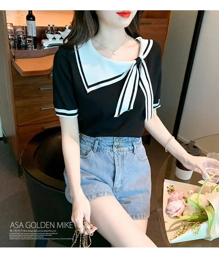 Casual Short Sleeve T-shirt for Women Loose Contrast Sweet All-match Solid Ice Silk Tops Tees Summer New Fashion Korean Clothing