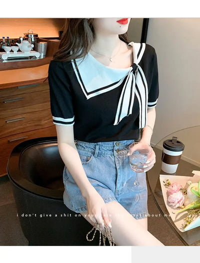 Casual Short Sleeve T-shirt for Women Loose Contrast Sweet All-match Solid Ice Silk Tops Tees Summer New Fashion Korean Clothing