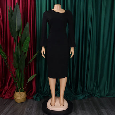 Elegant Office Dress for Women Professional Skew Collar Full Sleeve Sheath Package Hips Mid Calf Formal Business Work Wear Dress
