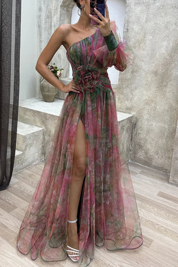 Elegant Formal Party Dress Elegant One Shoulder Tie-dye Ball Gown with Mesh Bubble Sleeves Split Hem Women's Evening Dress