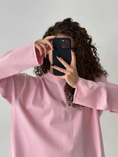 Wolfeel Women Summer 100% Cotton T-shirt Bottoming Spring Basic Fashionable Solid Lady Long Sleeve Loose Tops Shirts