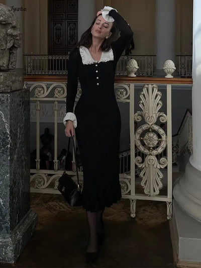 Elegant Ruffled Women Dress Long  Pit Stripe Knit Dresses For Winter Autumn Retro Lapel Pearl Button Fall Fashion Vestidos Robes