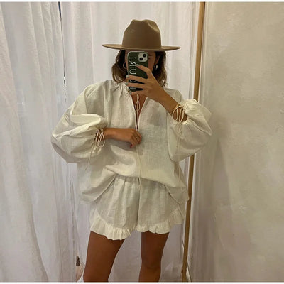 2024 Casual Beach Suits Fashion Summer Cotton Linen Loose Ruffle Shorts Suits Women Long Sleeve Drawstring Pullover 2 Pieces Set