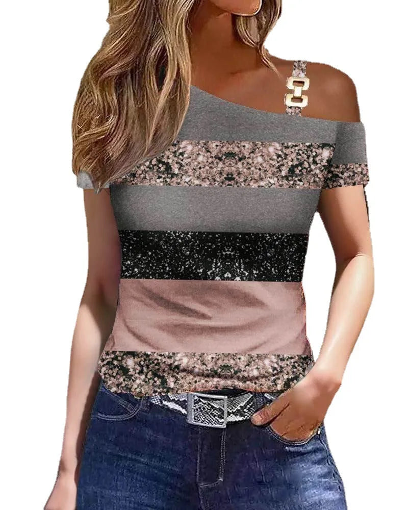 Loose Elegant Lady Clothes 2024 Blusas Para Mujer Women Summer Stripe One Shoulder Short Sleeve Casual Blouse Tops T-shirt