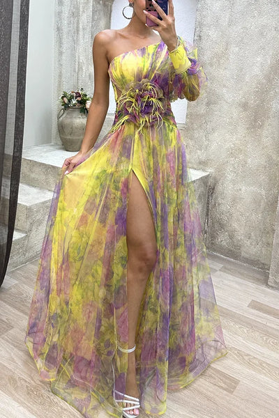 Elegant Formal Party Dress Elegant One Shoulder Tie-dye Ball Gown with Mesh Bubble Sleeves Split Hem Women's Evening Dress