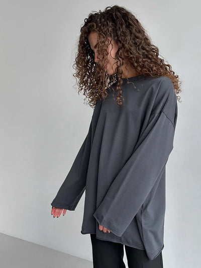 Wolfeel Women Summer 100% Cotton T-shirt Bottoming Spring Basic Fashionable Solid Lady Long Sleeve Loose Tops Shirts