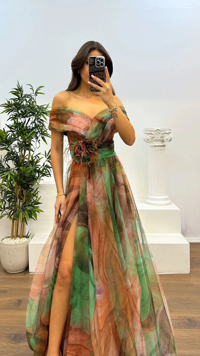 Elegant Formal Party Dress Elegant  Tie-dye Ball Gown with Mesh Bubble Sleeves Split Hem Women's Evening Dress