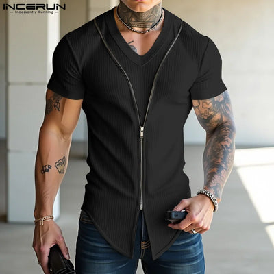 Short Sleeve Tops Tee Fashion Zipper Men T-Shirts Solid Color Irregular Tops V Neck Sexy Party Streetwear Oversize Tee INCERUN