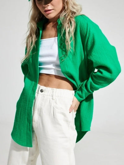 Wolfeel  Women's Spring Summer 100% Cotton Shirts Office Lady  Fashionable Solid Lady Long Sleeve Loose Tops Crepe Shirts