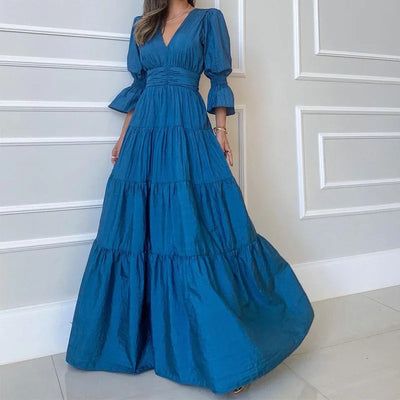 Elegant Ruffle Splicing High Waist And Large Swing Dress For Spring 2025 New Women's Fashion V-neck Long Sleeved Maxi Dress