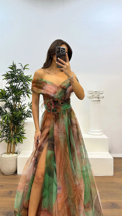 Elegant Formal Party Dress Elegant  Tie-dye Ball Gown with Mesh Bubble Sleeves Split Hem Women's Evening Dress