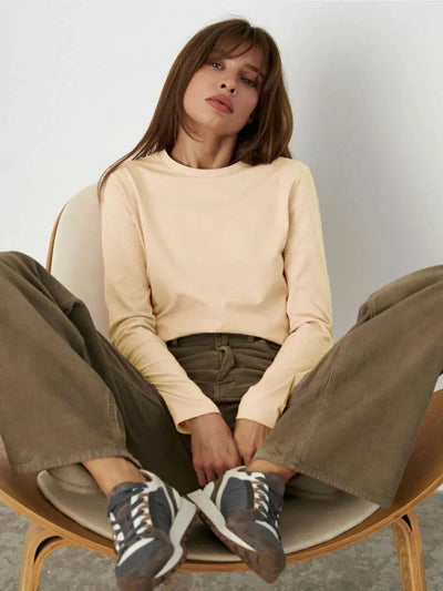 Wolfeel Women's Spring Autumn 100% Cotton T-shirt Bottoming Basic Solid Lady Long Sleeve Loose Tops Shirts Oversized T Shirt