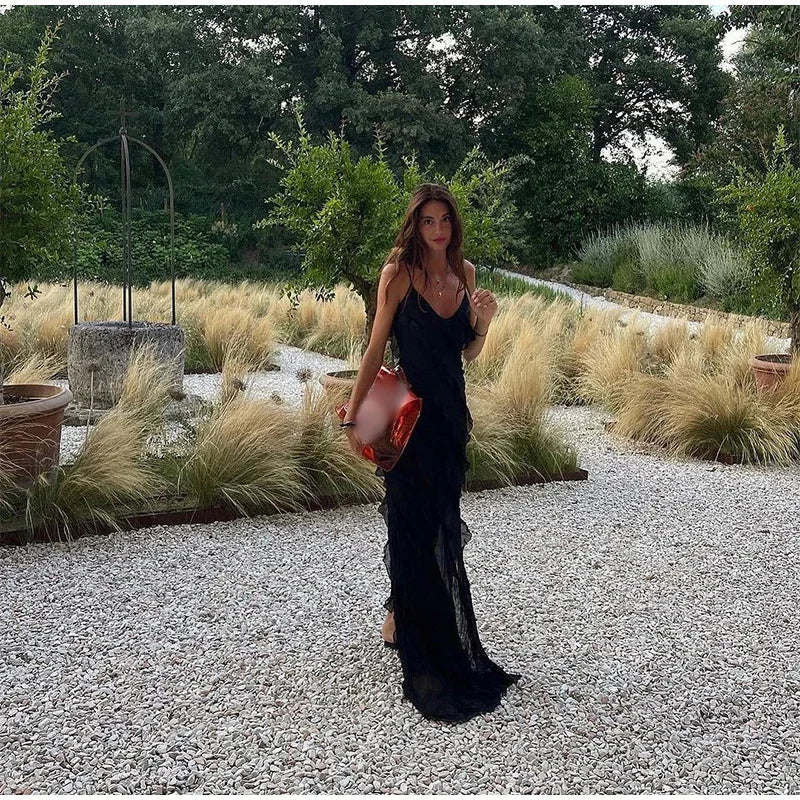 Elegant Stacked Ruffle Split Hem Long Dress Women Sexy Sleeveless Backless Chiffon V Neck Dresses 2024 New Lady Vacation Vestido