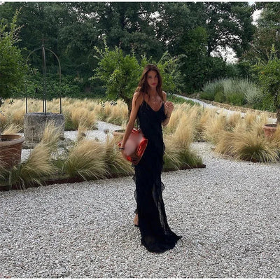 Elegant Stacked Ruffle Split Hem Long Dress Women Sexy Sleeveless Backless Chiffon V Neck Dresses 2024 New Lady Vacation Vestido