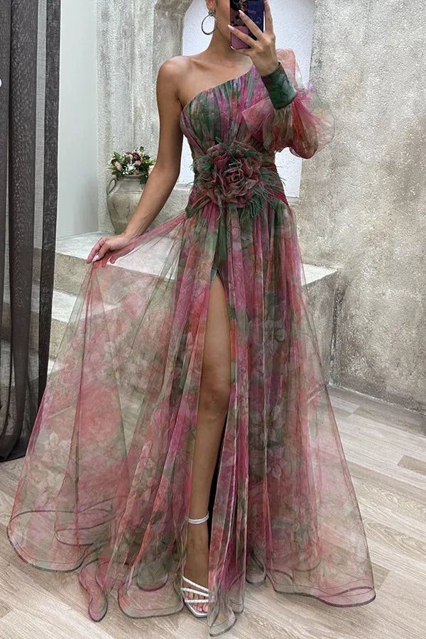 Elegant Formal Party Dress Elegant One Shoulder Tie-dye Ball Gown with Mesh Bubble Sleeves Split Hem Women's Evening Dress