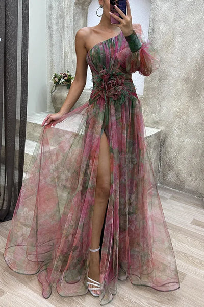 Elegant Formal Party Dress Elegant One Shoulder Tie-dye Ball Gown with Mesh Bubble Sleeves Split Hem Women's Evening Dress